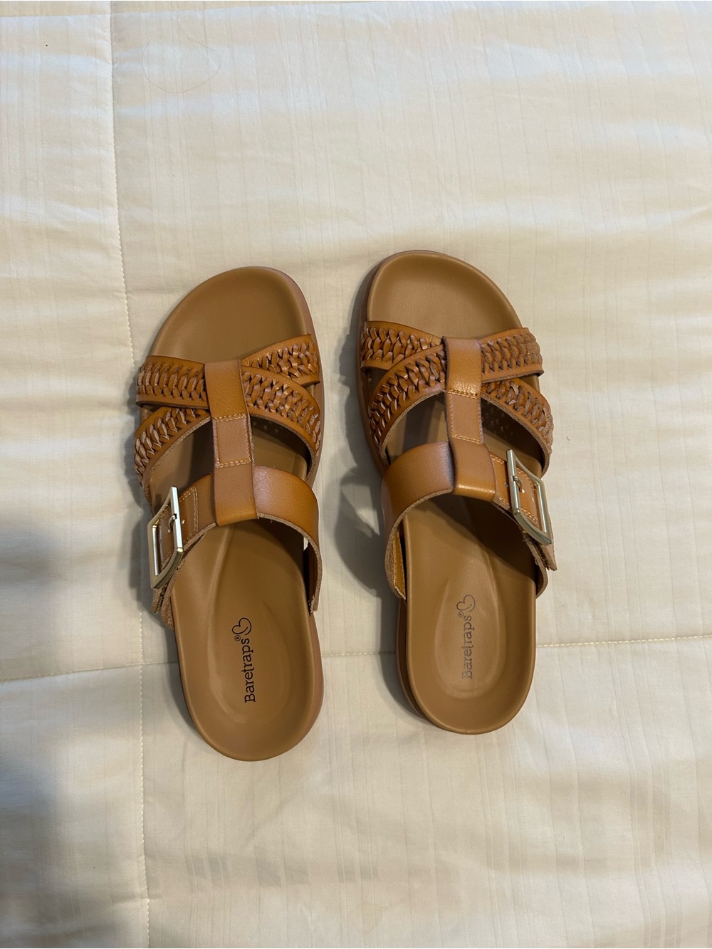 BareTraps Tan Braided Buckle Slide Sandals